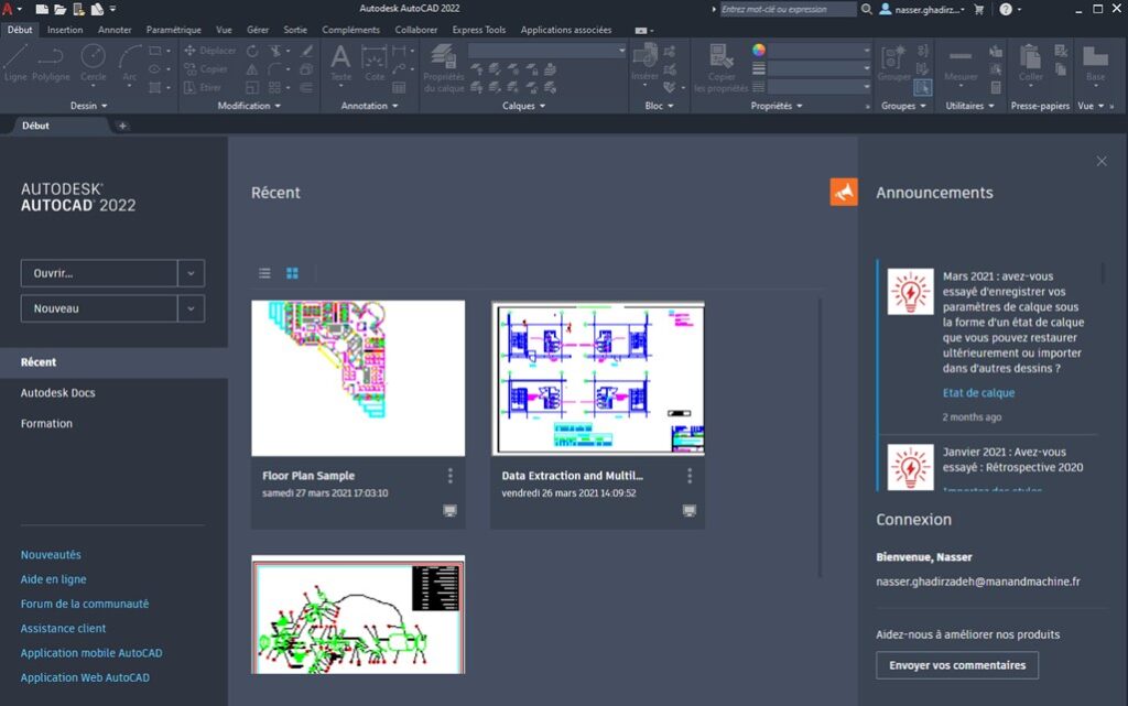 onglet début autocad 2022