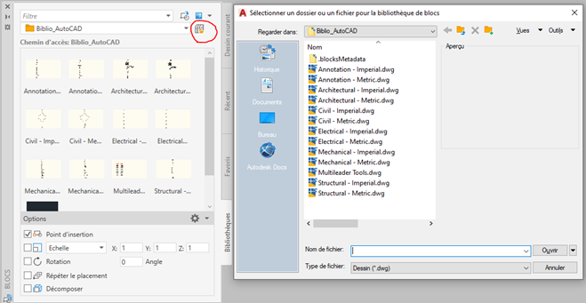 onglet bibliothèque autocad