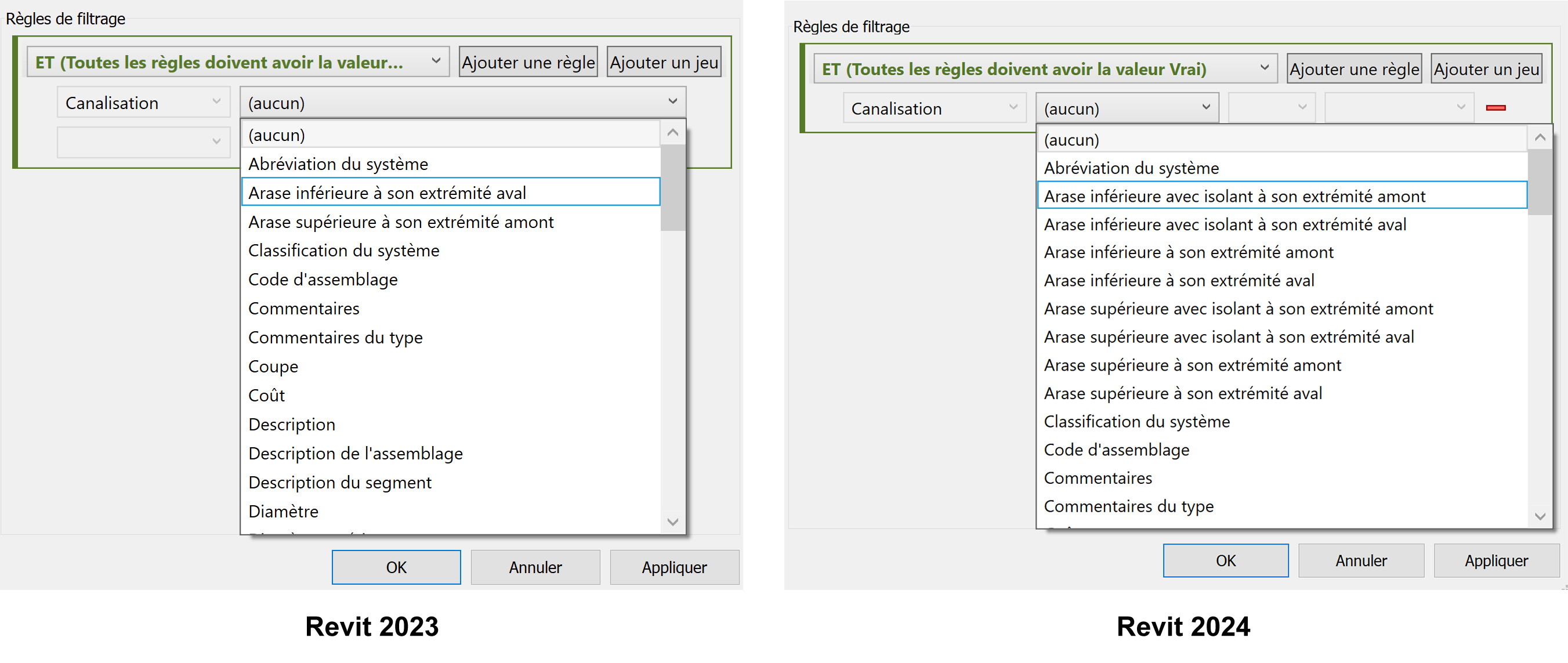 Revit 2023 vs 2024 règles de filtres