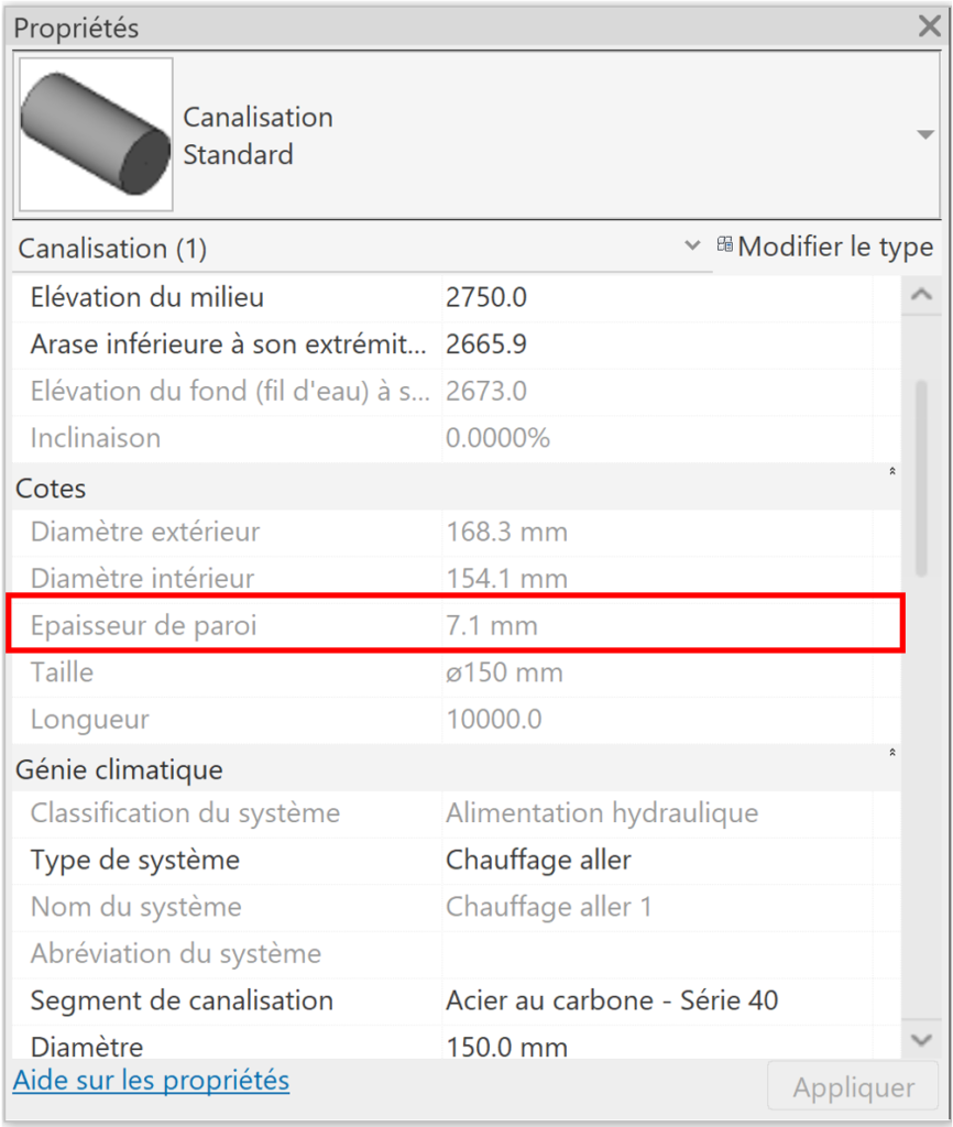 Revit 2024 Propriétés canalisation standard