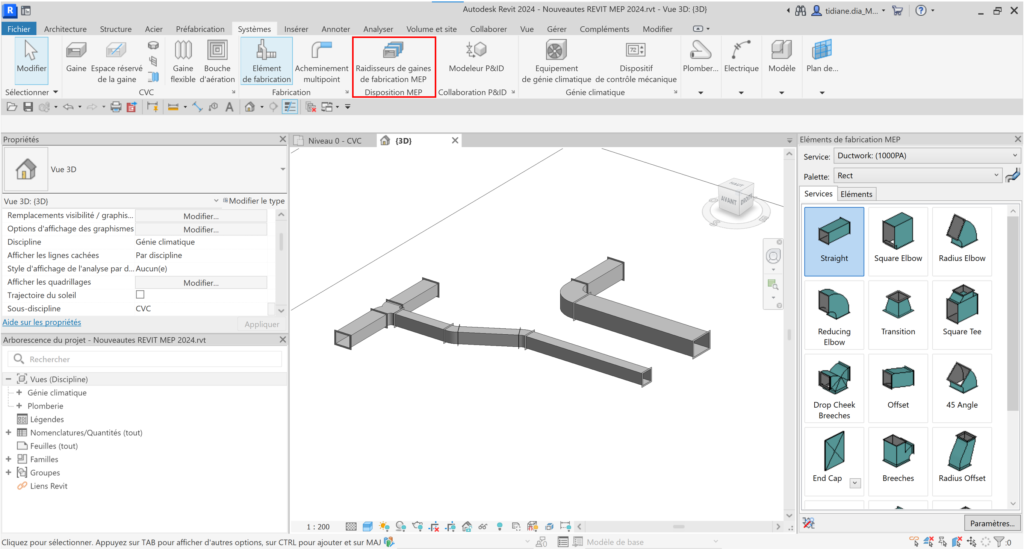 Revit 2024 Raidisseurs de gaines de fabrication MEP