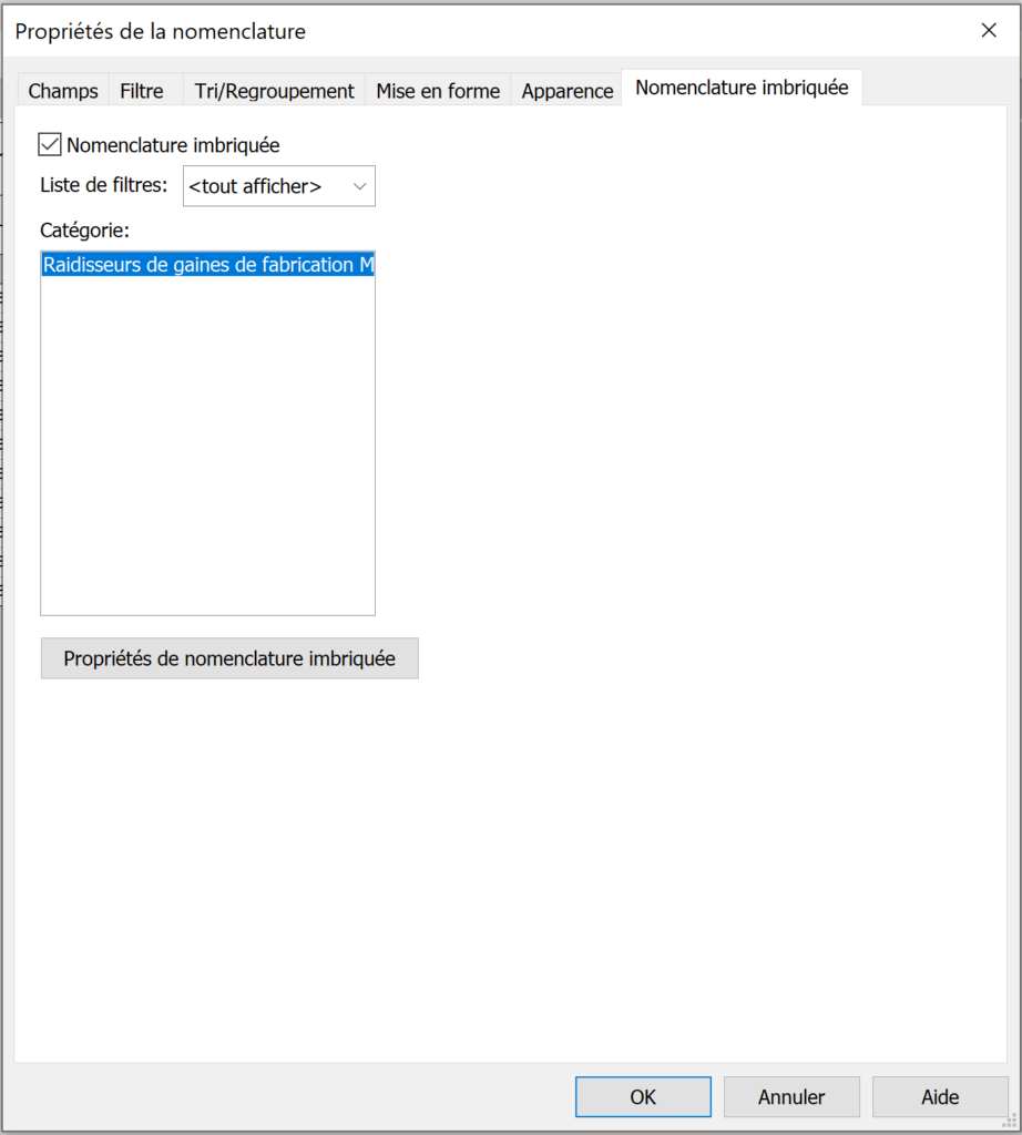 Revit 2024 propriétés de la nomenclature