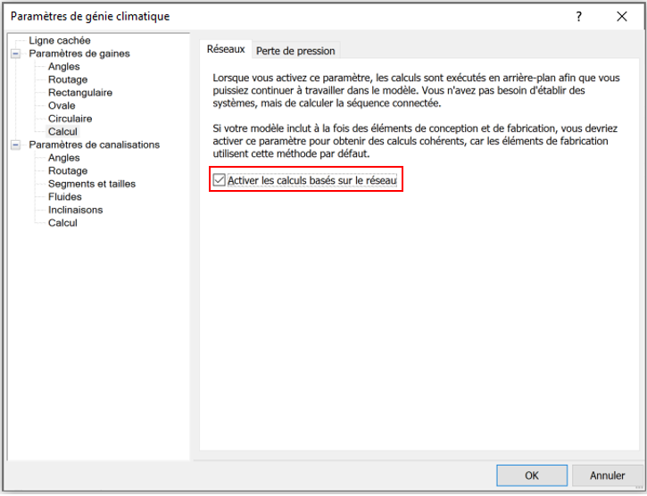 Revit Activation des calculs basés sur le réseau