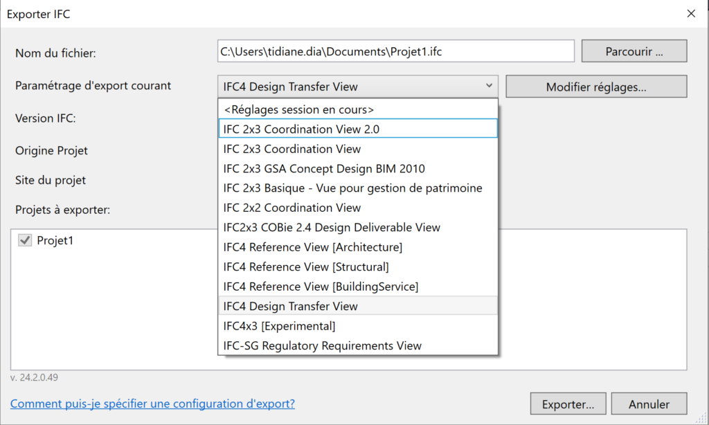 Les spécifications de MVD dans Revit